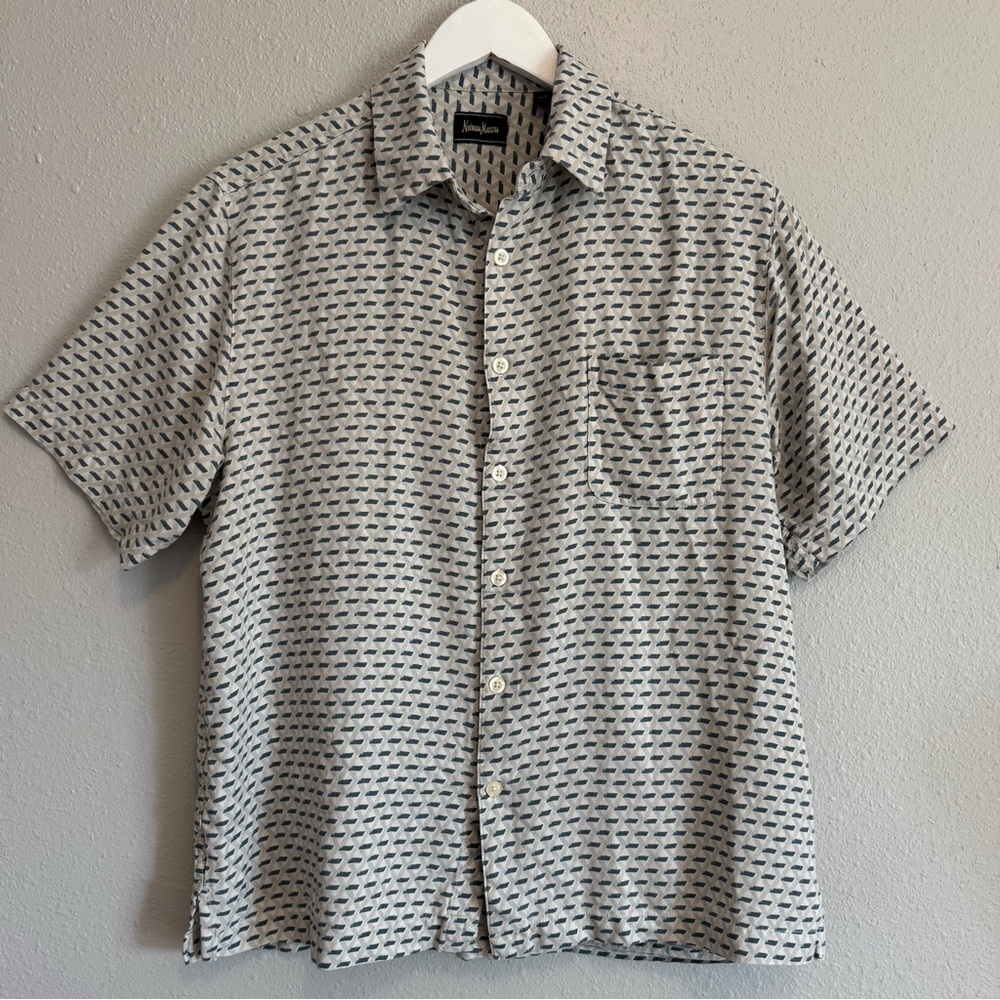 Neiman Marcus Blue&Tan Patterned Silk Blend Men's Button Down Short Sleeve Shirt